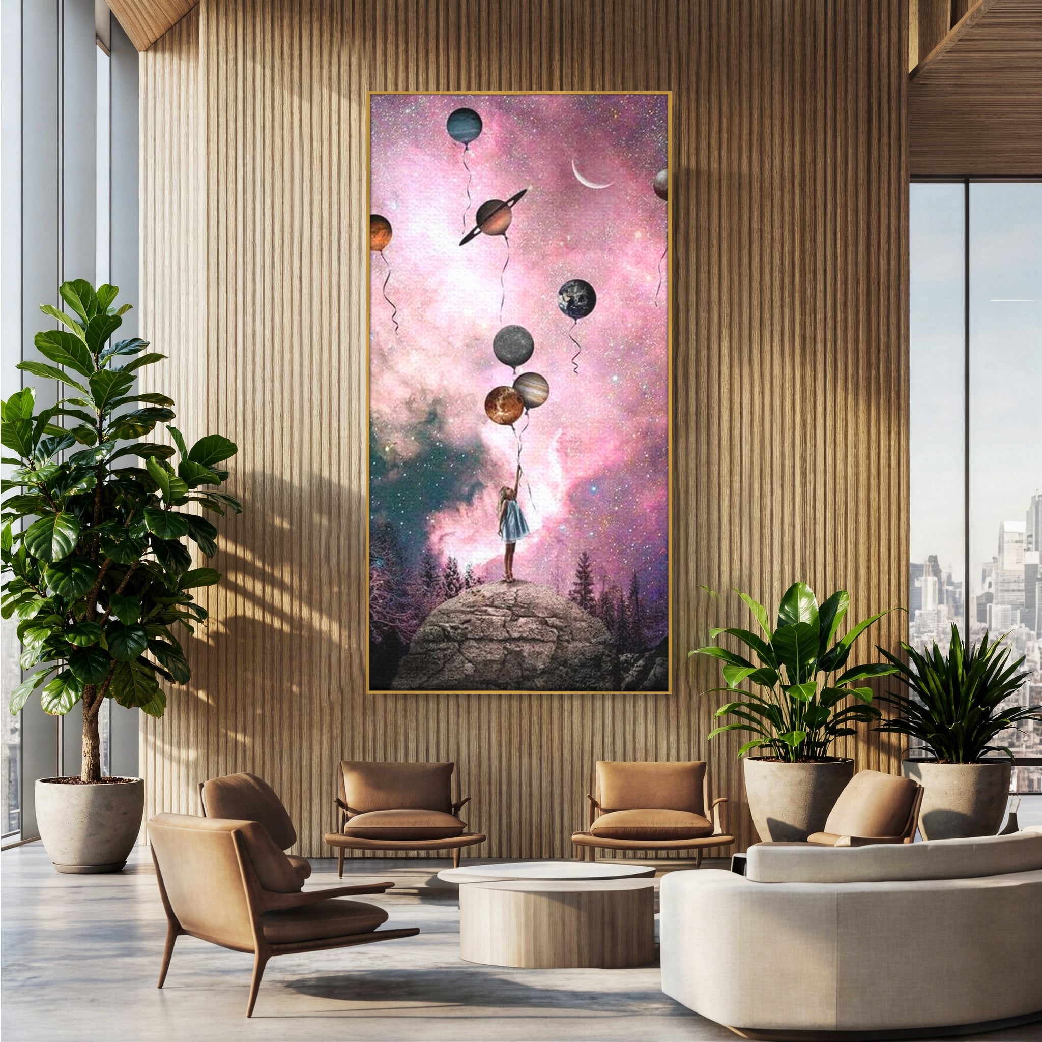 Tablou canvas cu ilustratie fetita tinand baloane planete, in rama de aluminiu auriu, pe perete intr-un birou